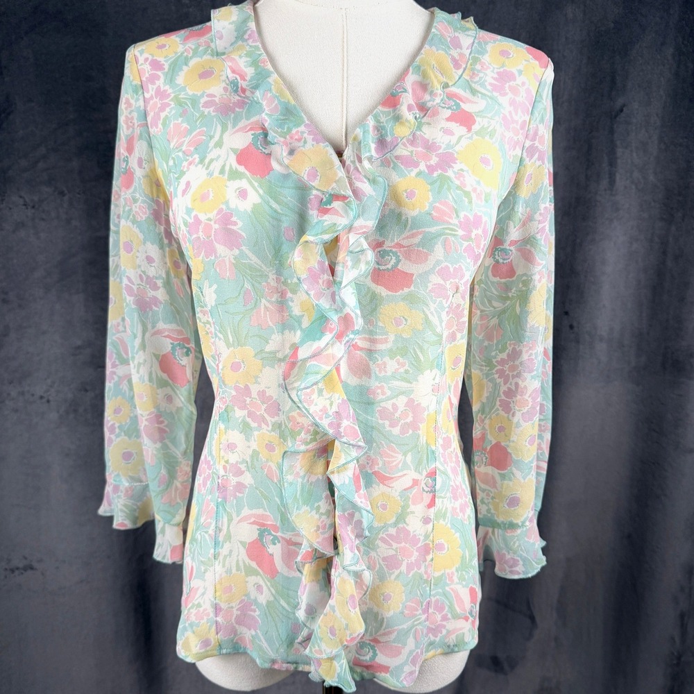 Vintage East Silk Blouse Twee Floral Whimsical Coquette Y2K Sheer Romantic Top M